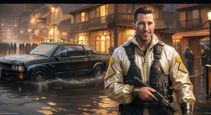 Smiling Men Embrace in Steampunk Living Room