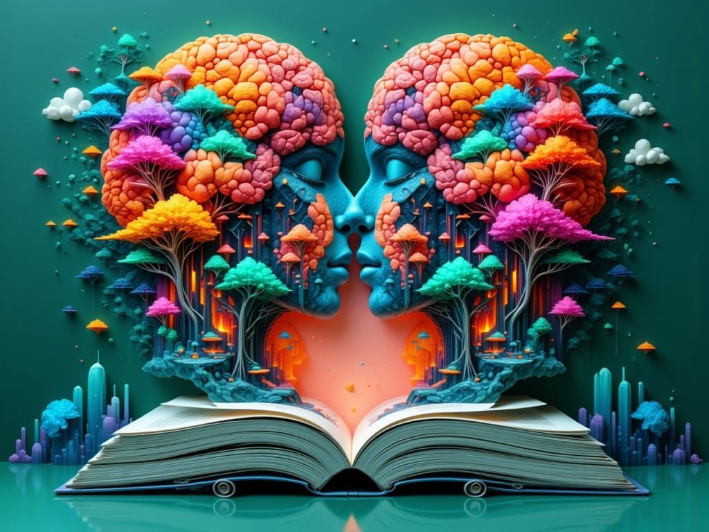 3D Brain Paper Cutouts Emerging from Book