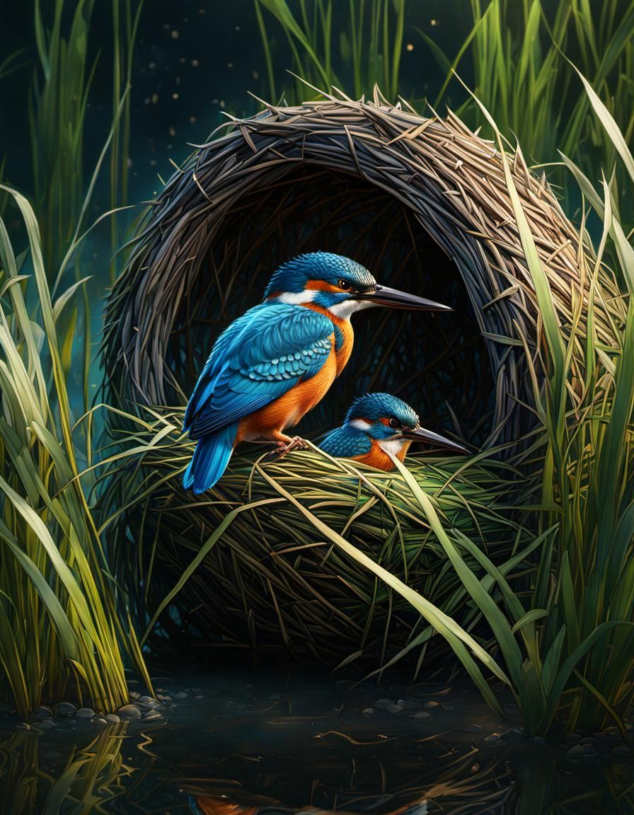 Kingfishers, ready to settle down for the night in their riverside nest