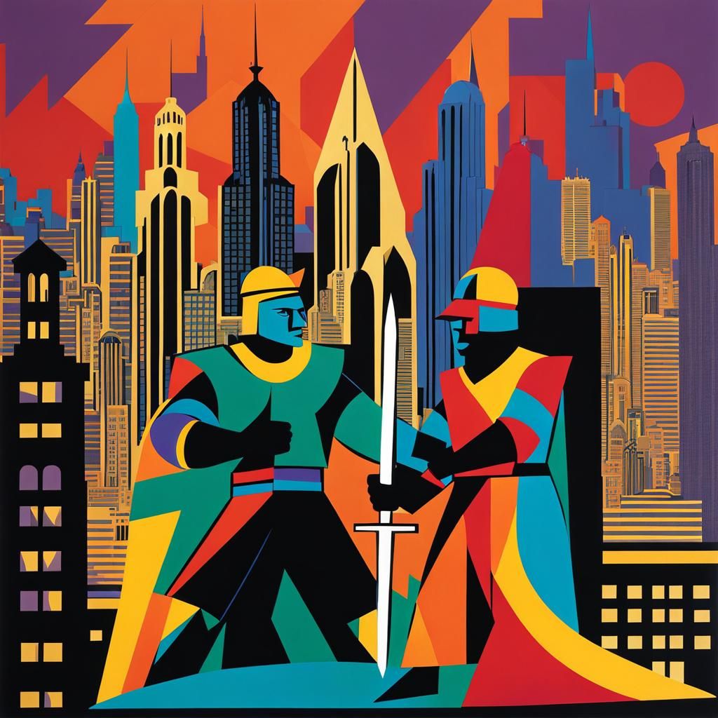 Knights Clash Atop Castle in Cubist Cityscape