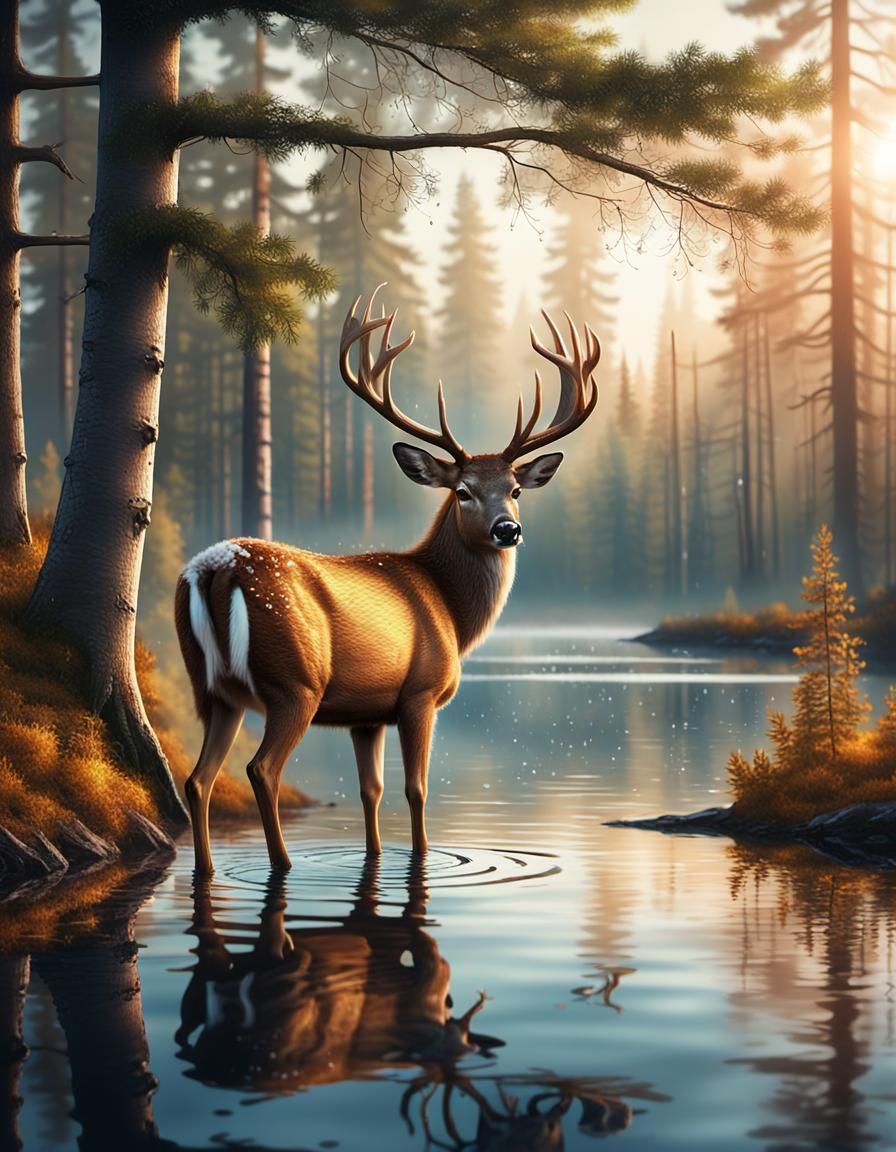 Mystical Deer in Forest Lake: Hyper-Realistic Digital Art