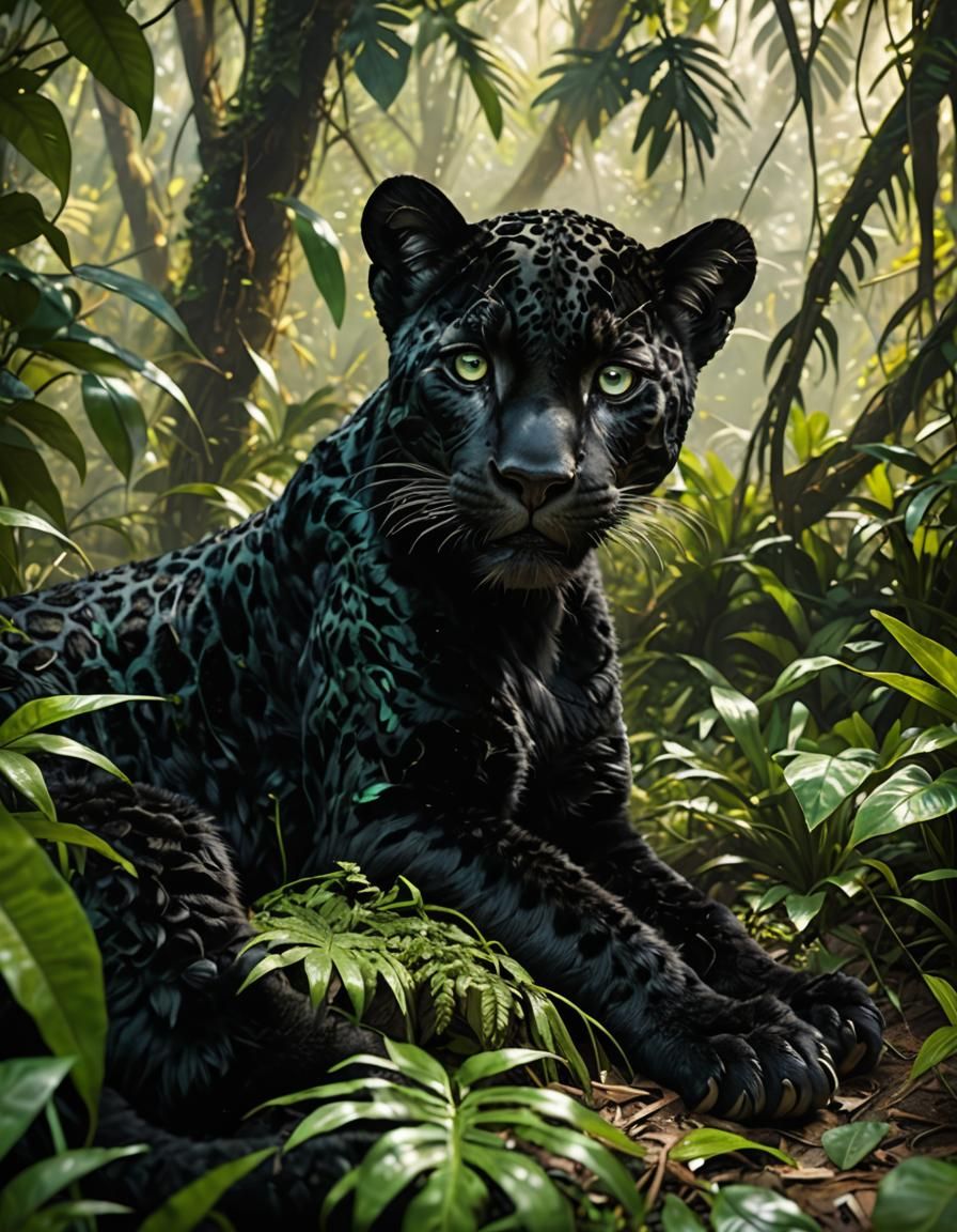 Newborn Jaguar with Robotic Eyes in Futuristic Jungle
