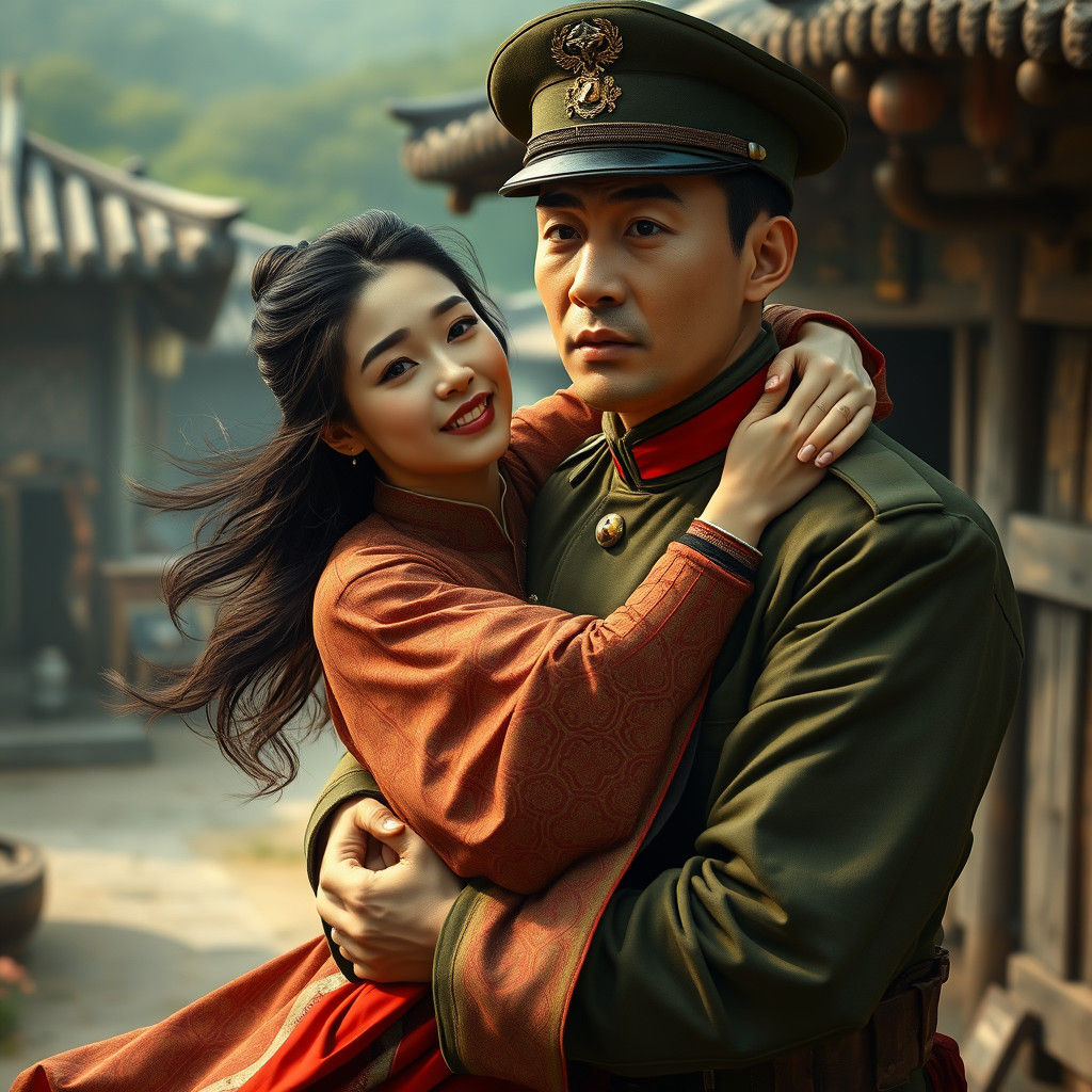 Korean Woman Embraces Army Captain: Matte Painting