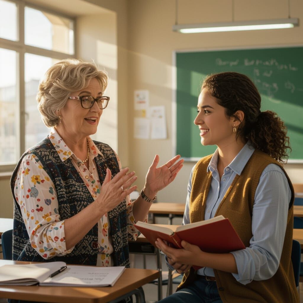 Impressionist Oil Painting of Teachers in a Sunlit Classroom