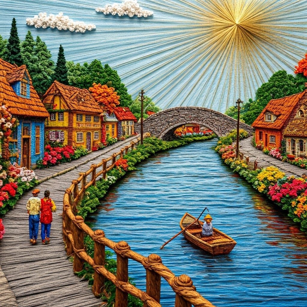 Village Made of Colorful Strings by a River