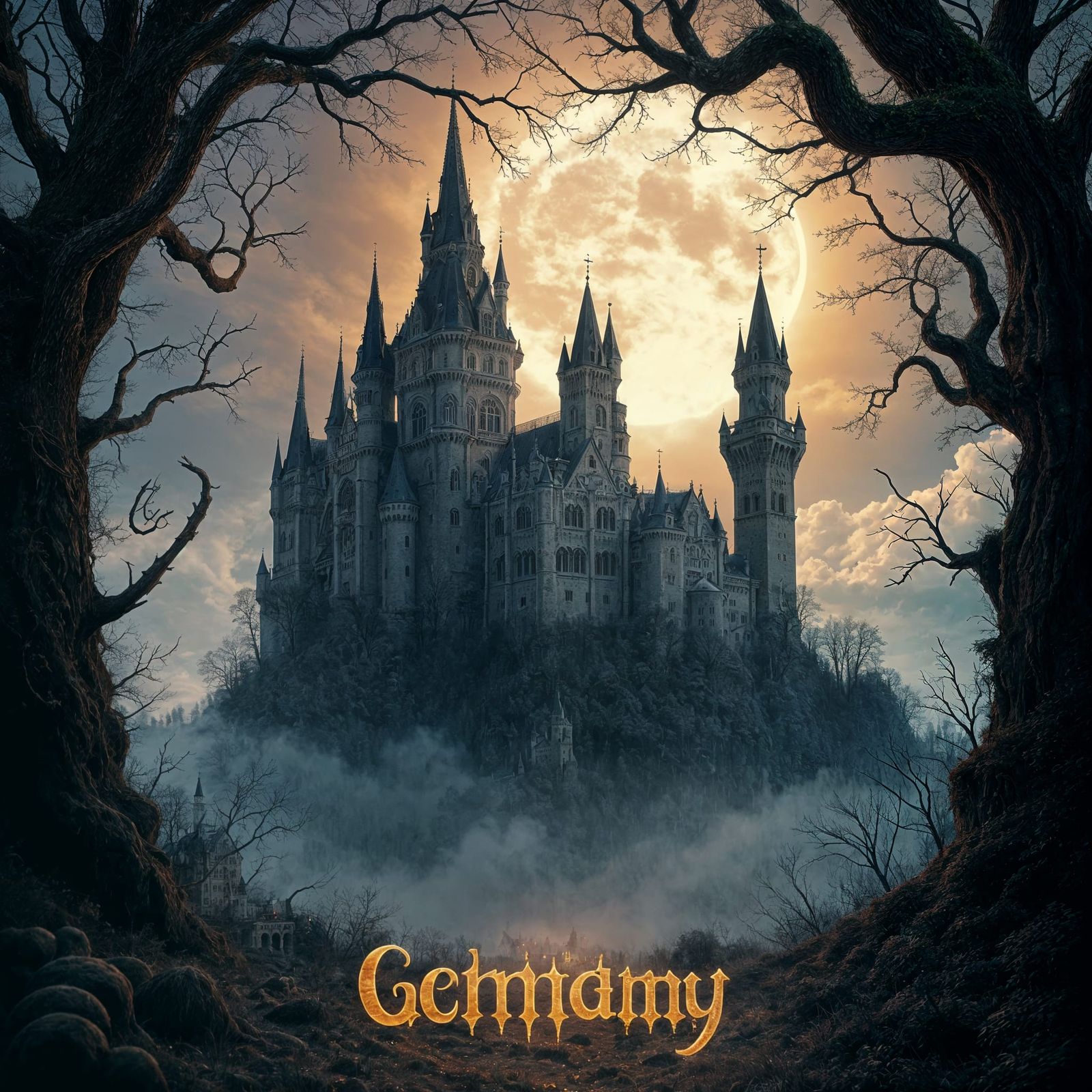 Haunted Neuschwanstein Castle in Gothic Surrealist Style