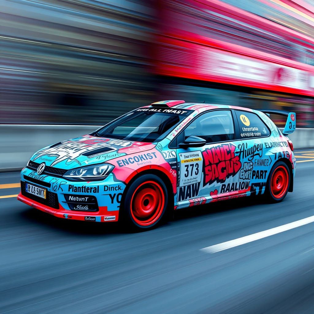 Rally car wrapped in "improv workshop mimeshow gobshite " ar...