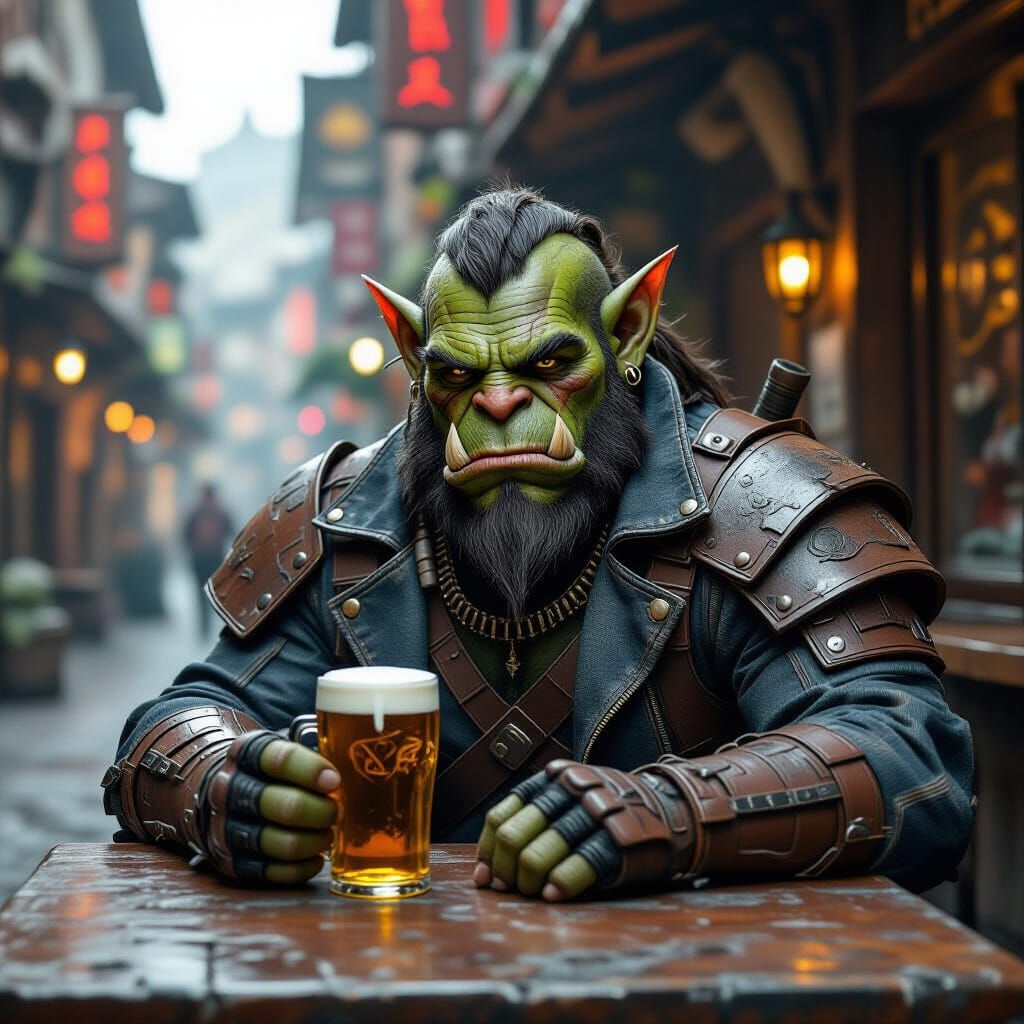 Orc Warrior Drinks Beer in Futuristic Town
