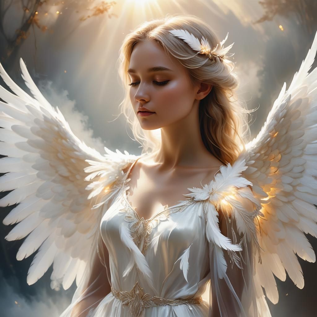 Ethereal Angel with White Wings, Oil Painting Style