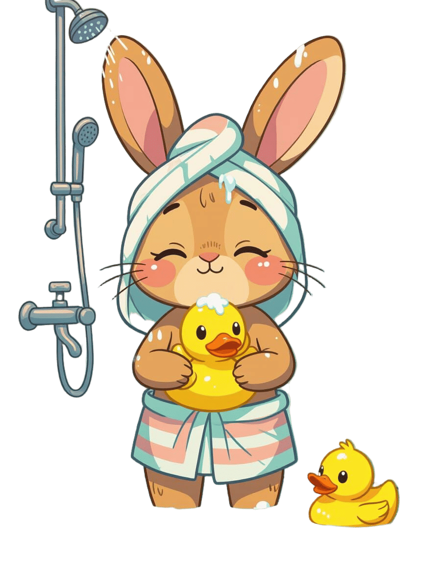 Embarrassed Bunny in Shower, Whimsical Cartoon Style