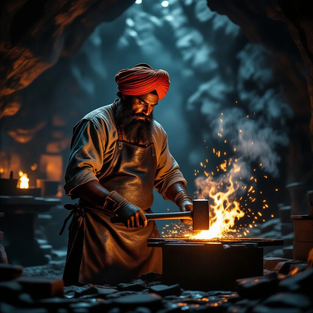 Blacksmith Forging Metal in Iron Mountain Cavern