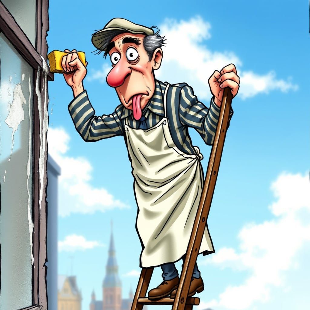Jacob Rees-Mogg as a Window Cleaner in a Humorous Cityscape