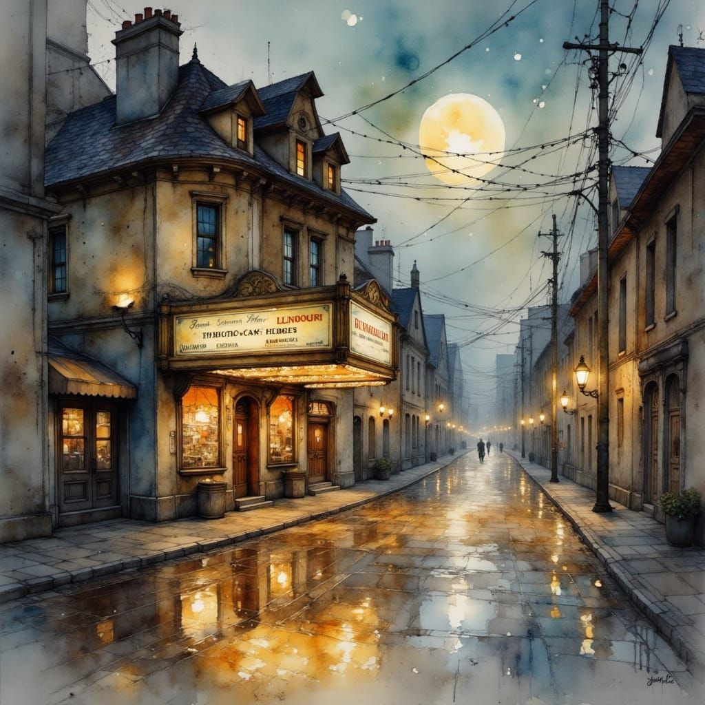 Quaint Theater Glistening in Rain, Watercolor Style