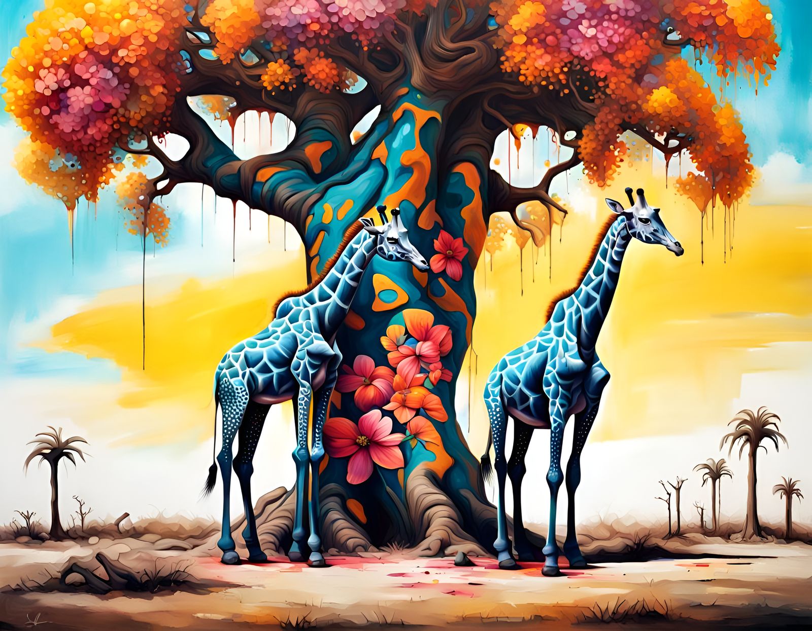 Giraffes Under Baobab: Fantasy Graffiti Art