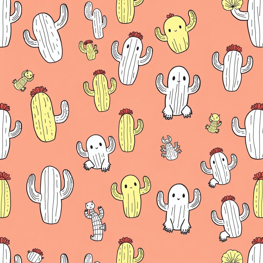 Whimsical Cactus and Scorpion Pattern in Bright Pastel Color...