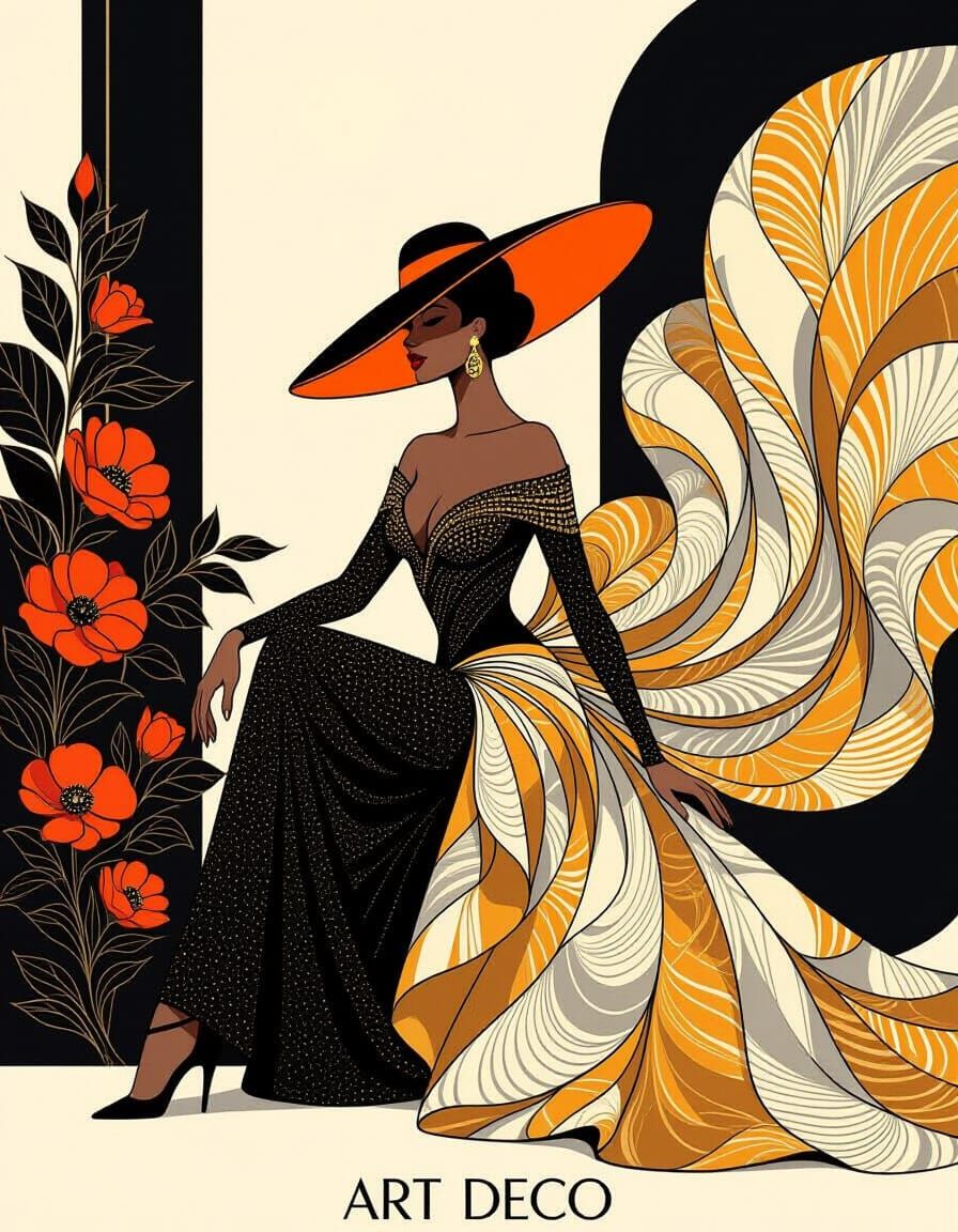 Art Deco Fantasy Woman in Shimmering Gold Gown