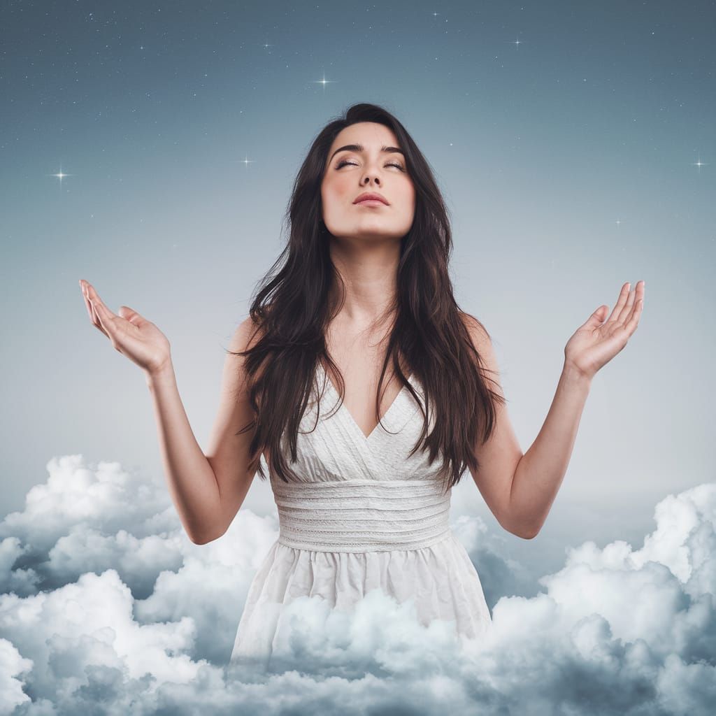 Woman in White Dress Standing on Cloud