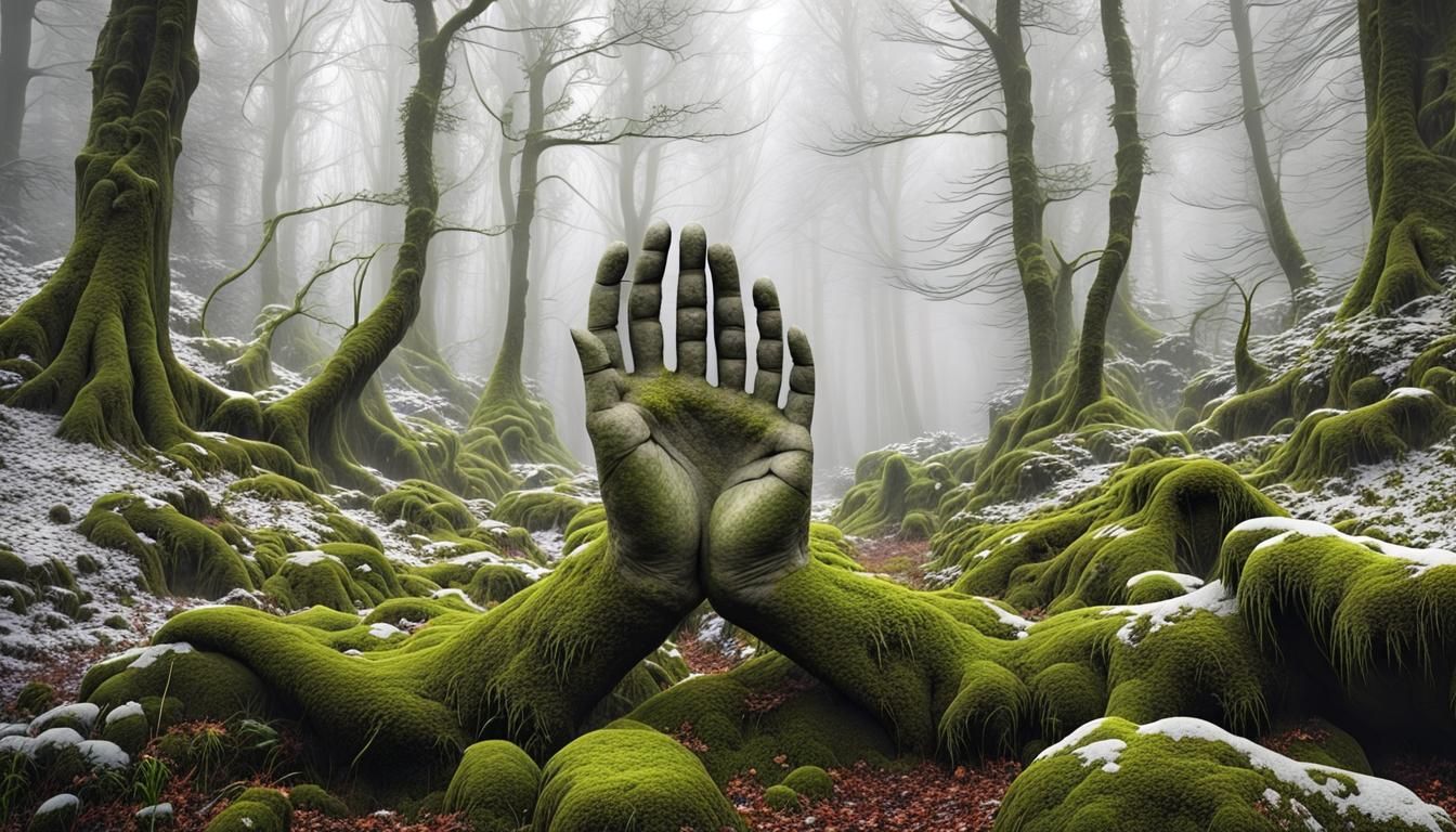 Mossy Stone Hands in Misty Forest
