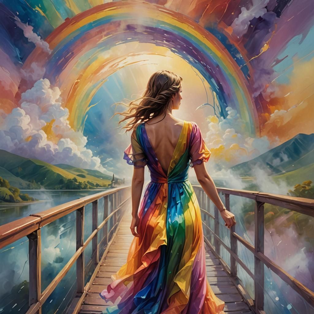 Rainbow Dress on Bridge: Vibrant Conceptual Art