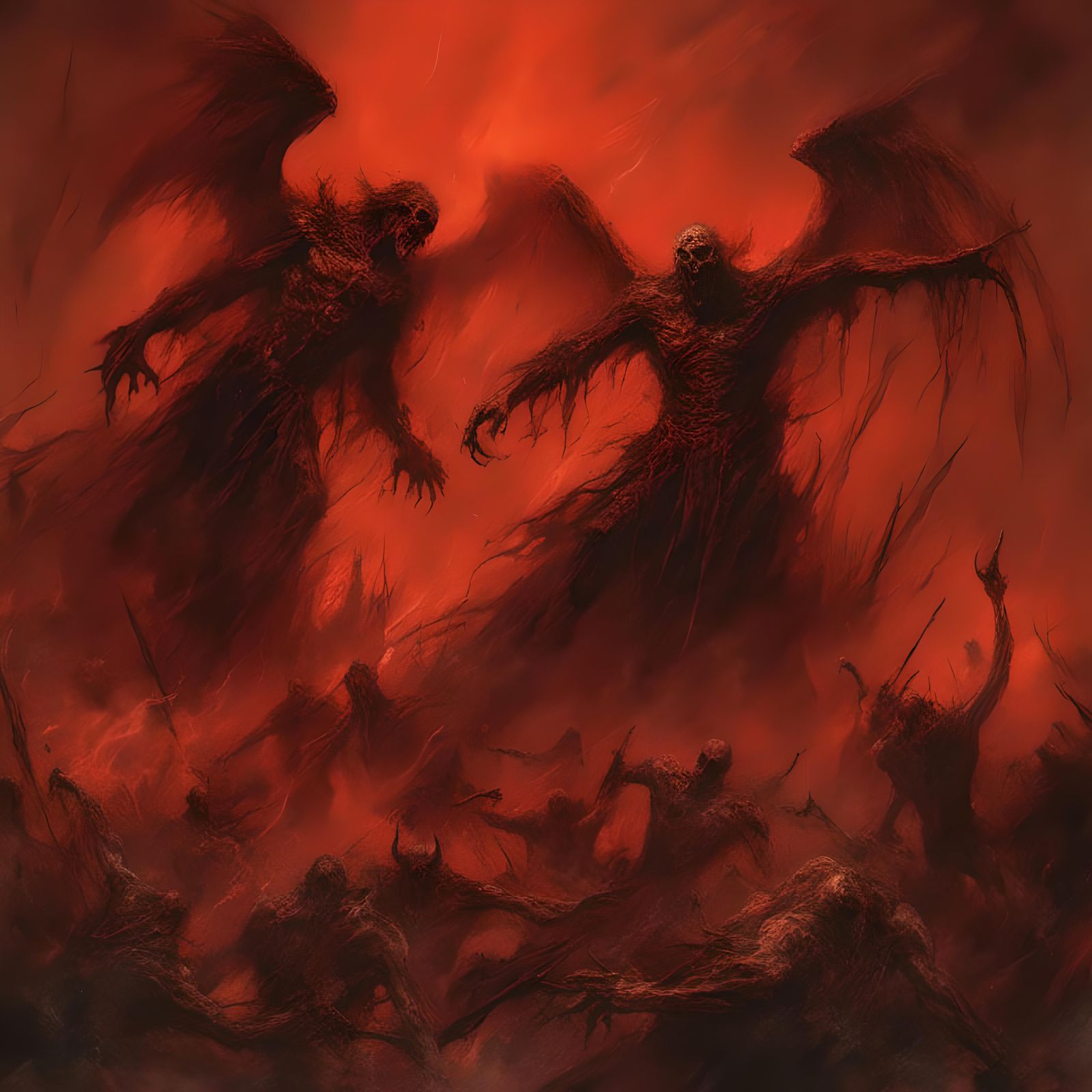 Epic Battle: Demon vs Angel in Hellish Landscape