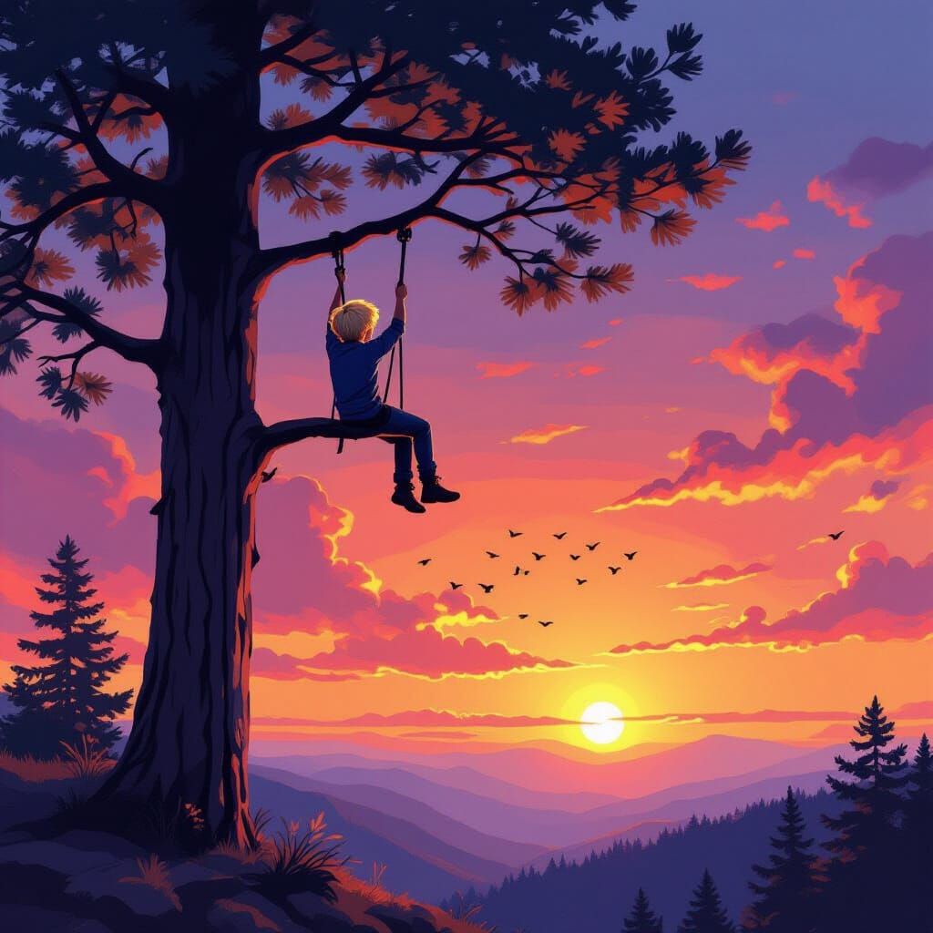 Boy Watching Sunrise from Pine Tree, Golden Hour
