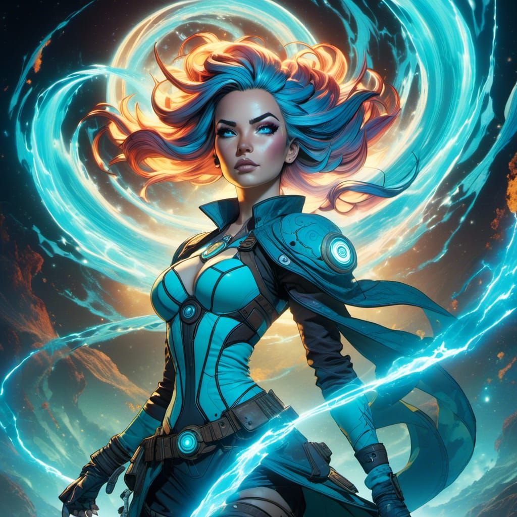 Teal Lightning Sorceress in Vaporous Cosmic Swirls