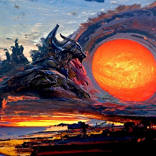 Ragnarok Sunset in Oil Painting Style