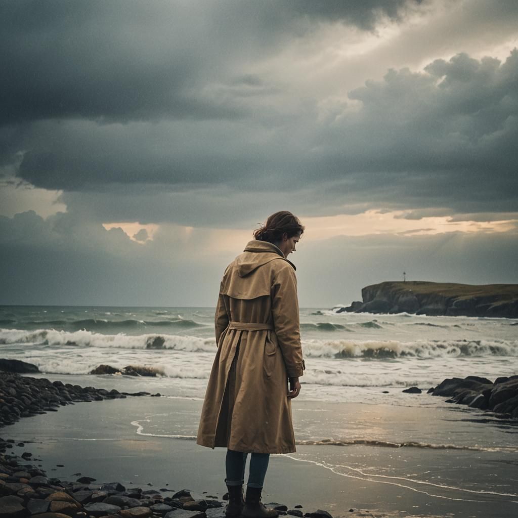 Moody Seascape Photo of Woman Waiting on Shore