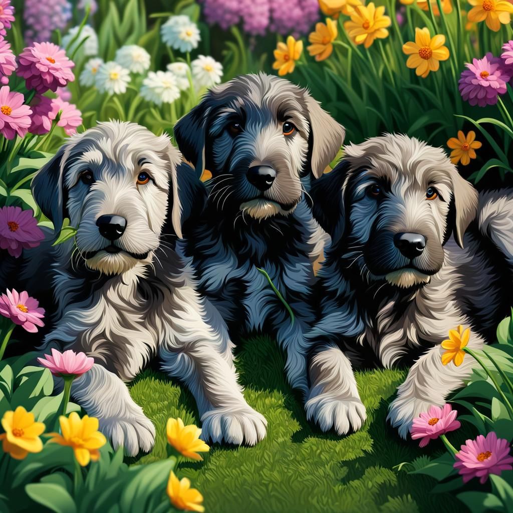 Irish Wolfhound Puppies in Spring Garden