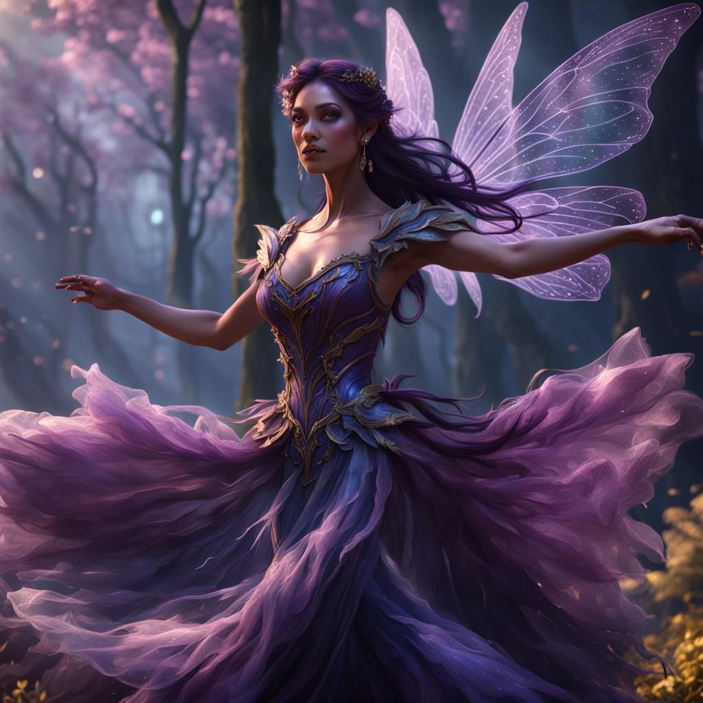 a female purple fairy with a flowing dress full body and she...