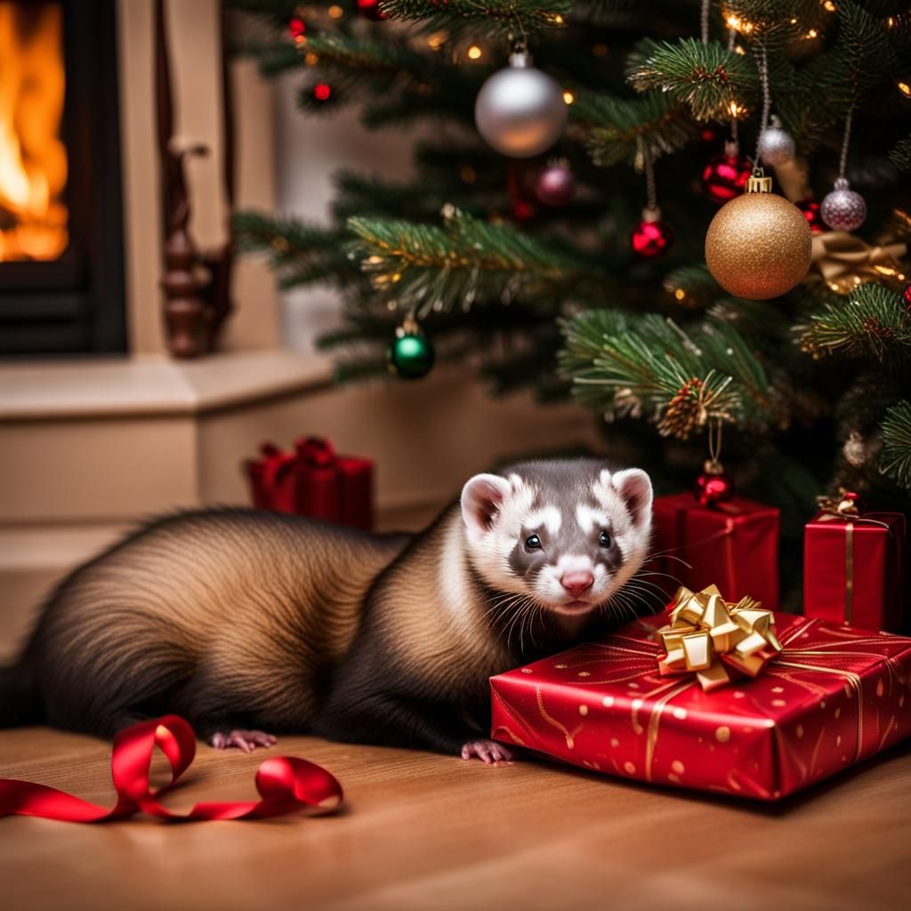 Festive Ferret Relaxing by Fireplace with Christmas Gift