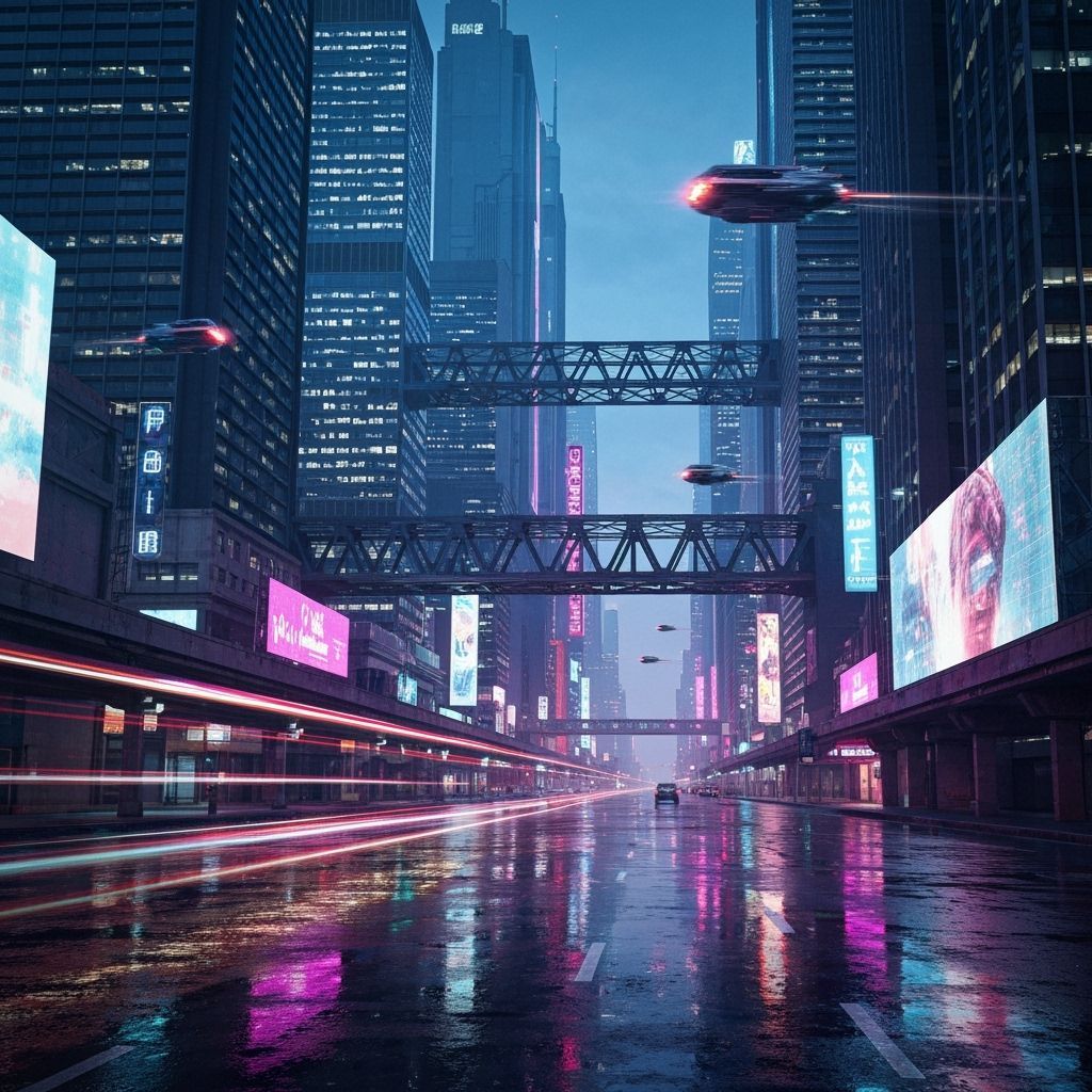 Cyberpunk Cityscape at Night with Flying Vehicles