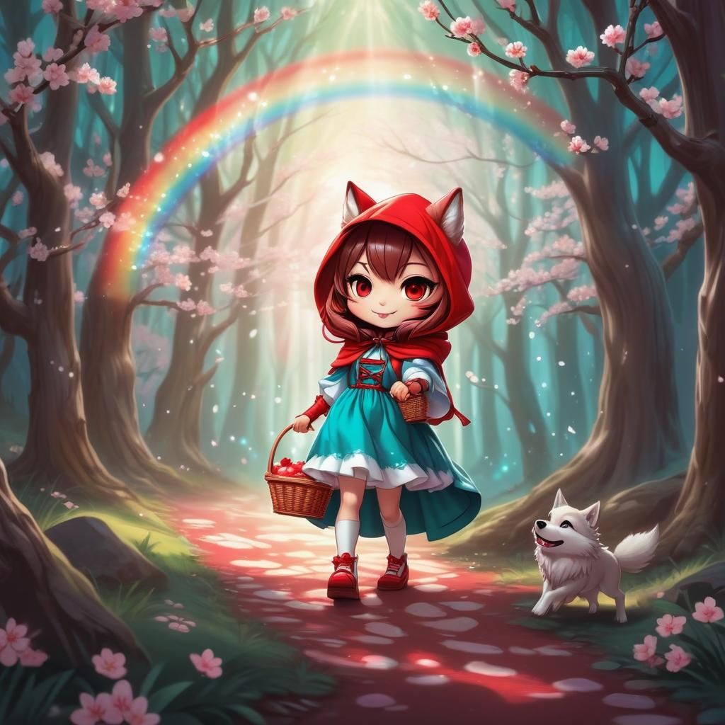 Little Red Riding Hood Chibi in Cherry Blossom Forest