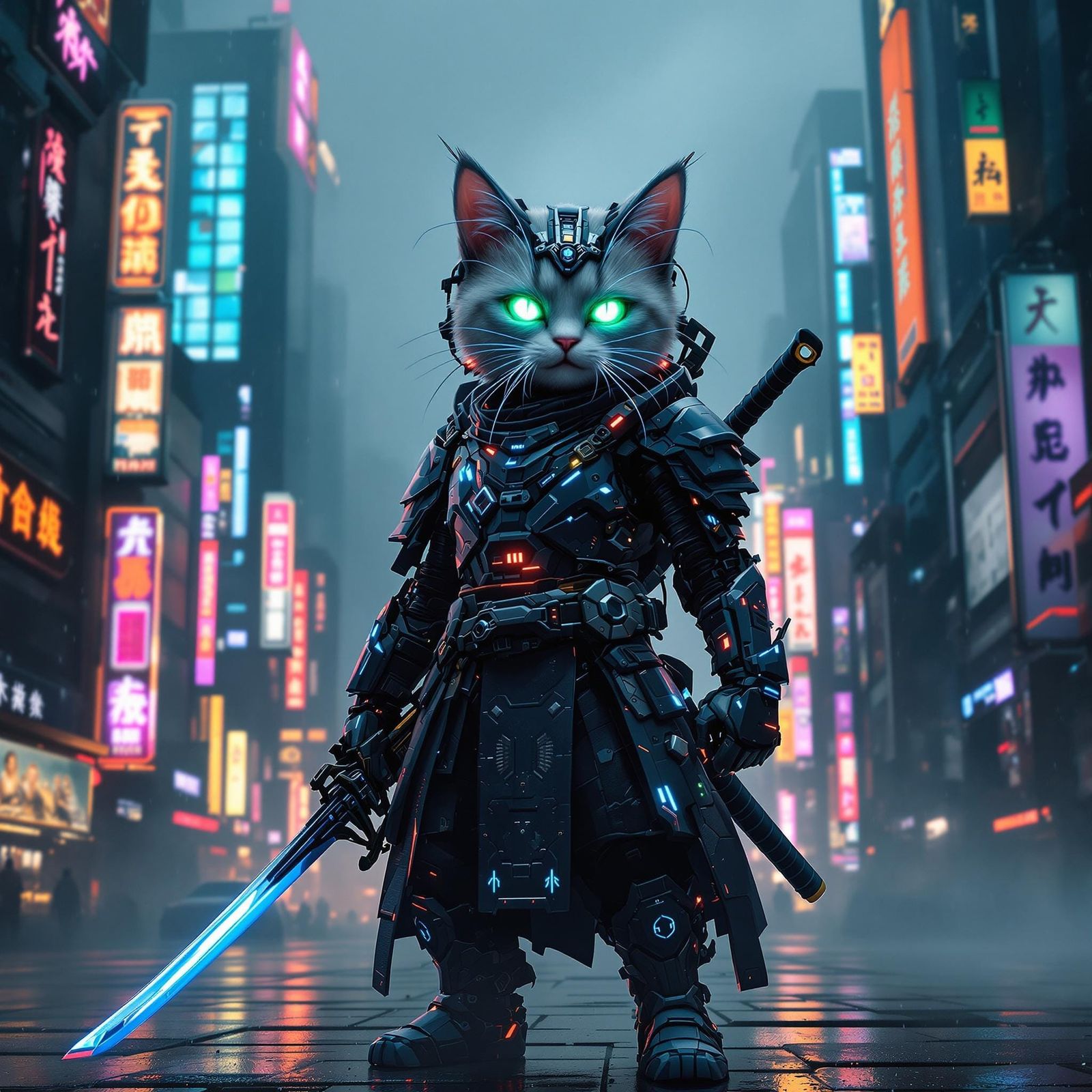 Cyber Samurai Kitten Guardian of Neon Metropolis