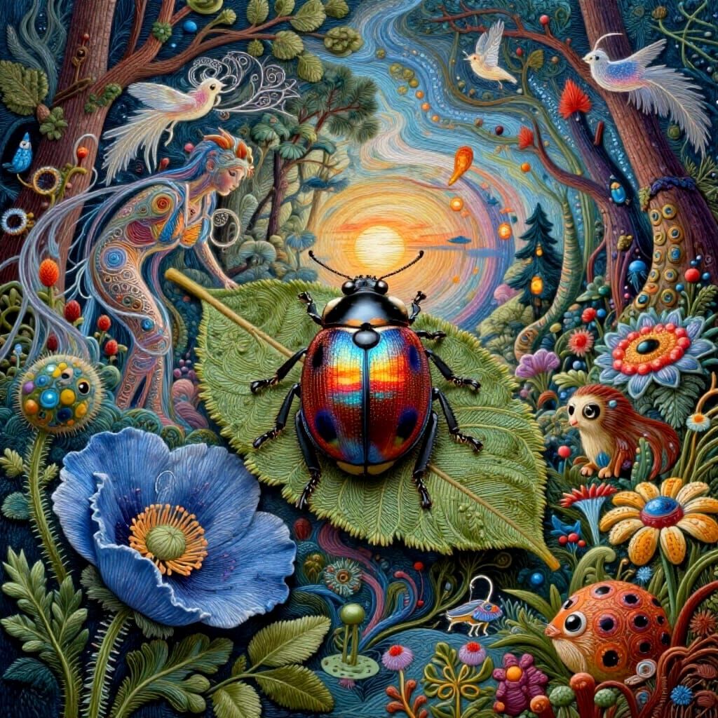 Mystical Lady Beetle Riding Leaf in Cosmic Dreamscape