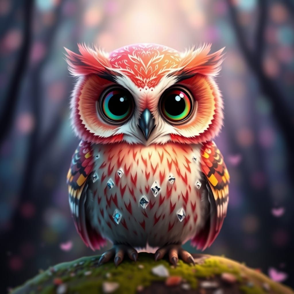 Realistic Baby Owl with Magical Forest Backdrop