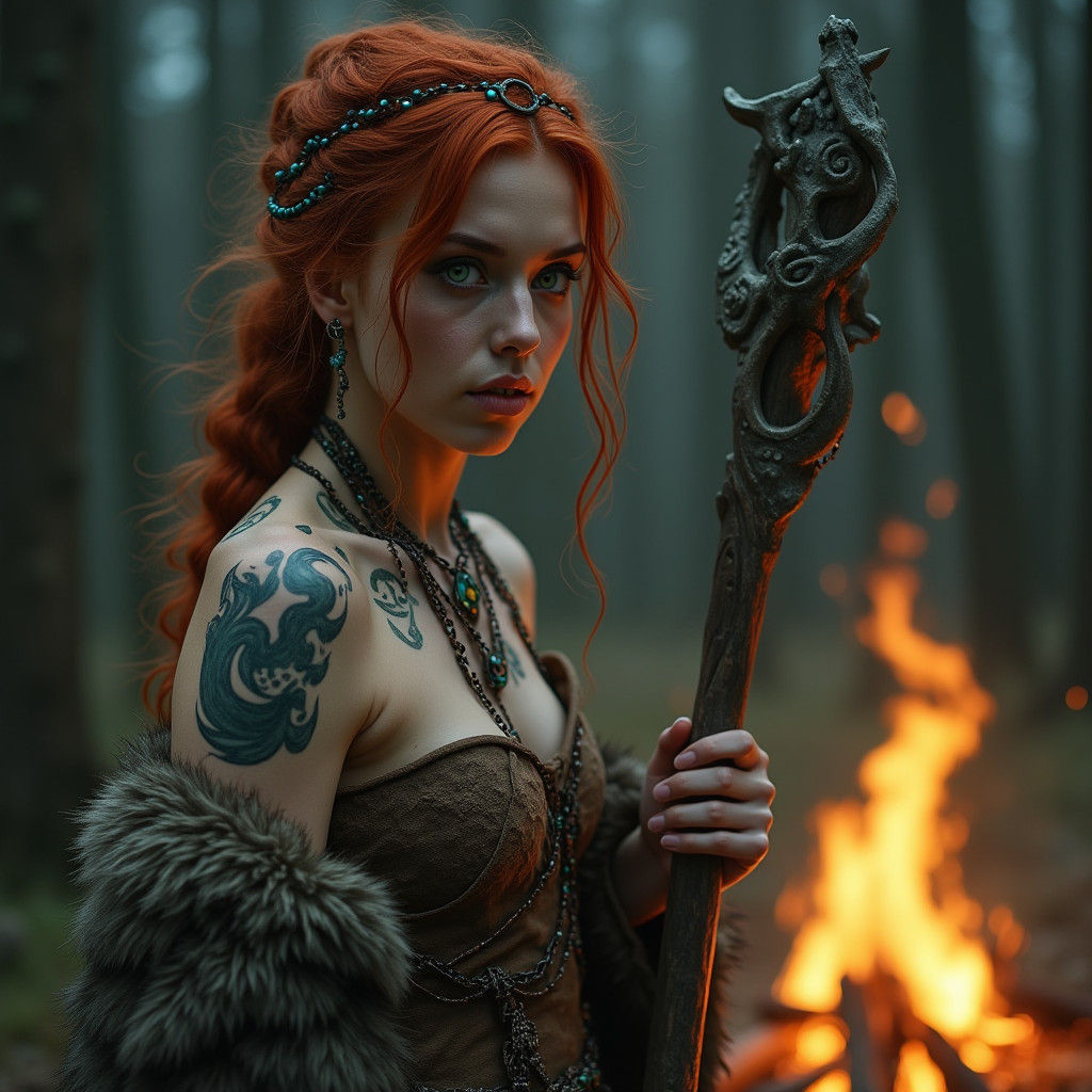 Nordic Witch with Runes and Firelight