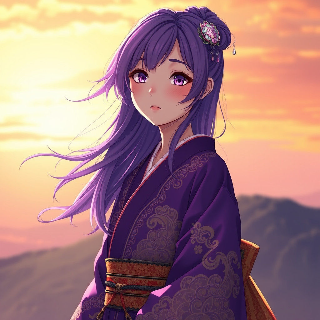 Anime Girl in Purple Kimono with Golden Details