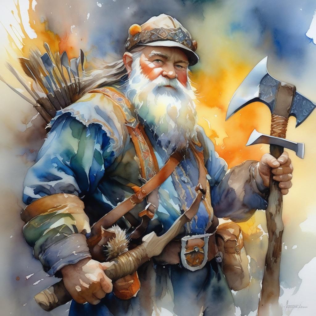 Hyperdetailed Dwarf with Pick-Axe in Watercolor Style