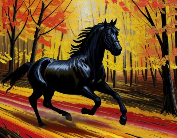 Black Stallion Galloping Through Autumn Forest as Oil Painti...