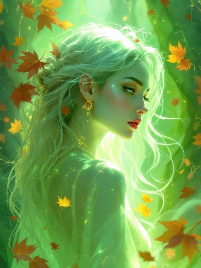 Luminous Woman in Abstract Green Realm