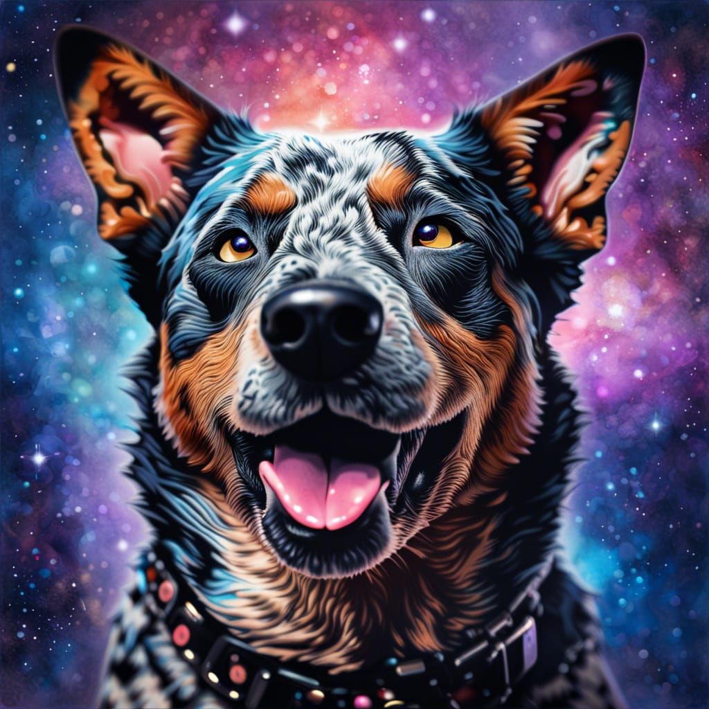Realistic Australian Cattle Dog with tongue hanging out with galaxy background behind it