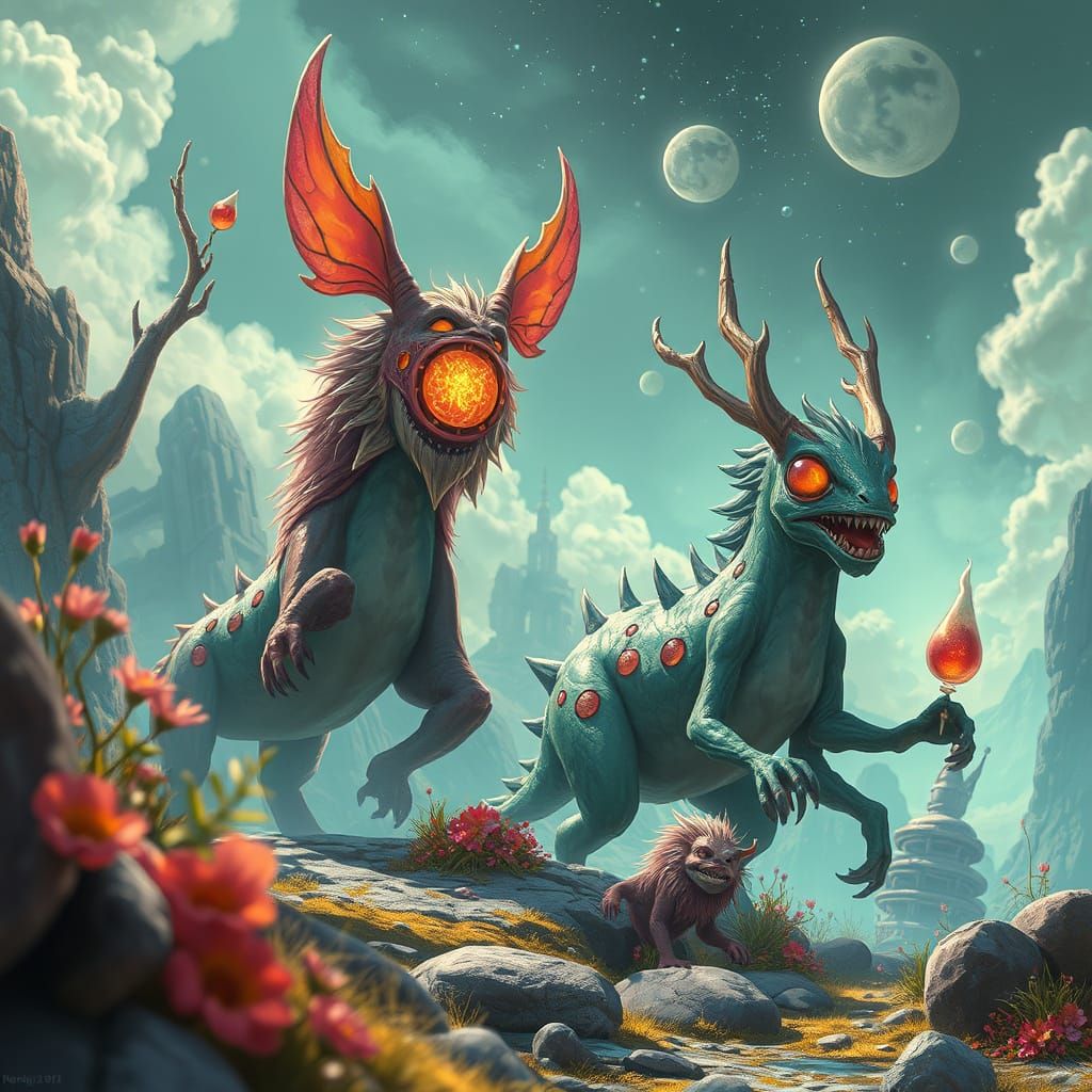 Fantastical Creatures in Vibrant, Futuristic Environments