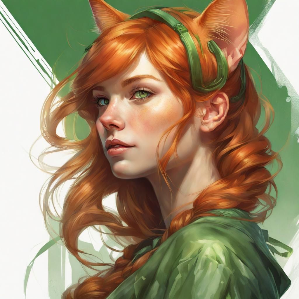 Ginger Haired Cat-Girl Portrait in Hyperdetailed Digital Art