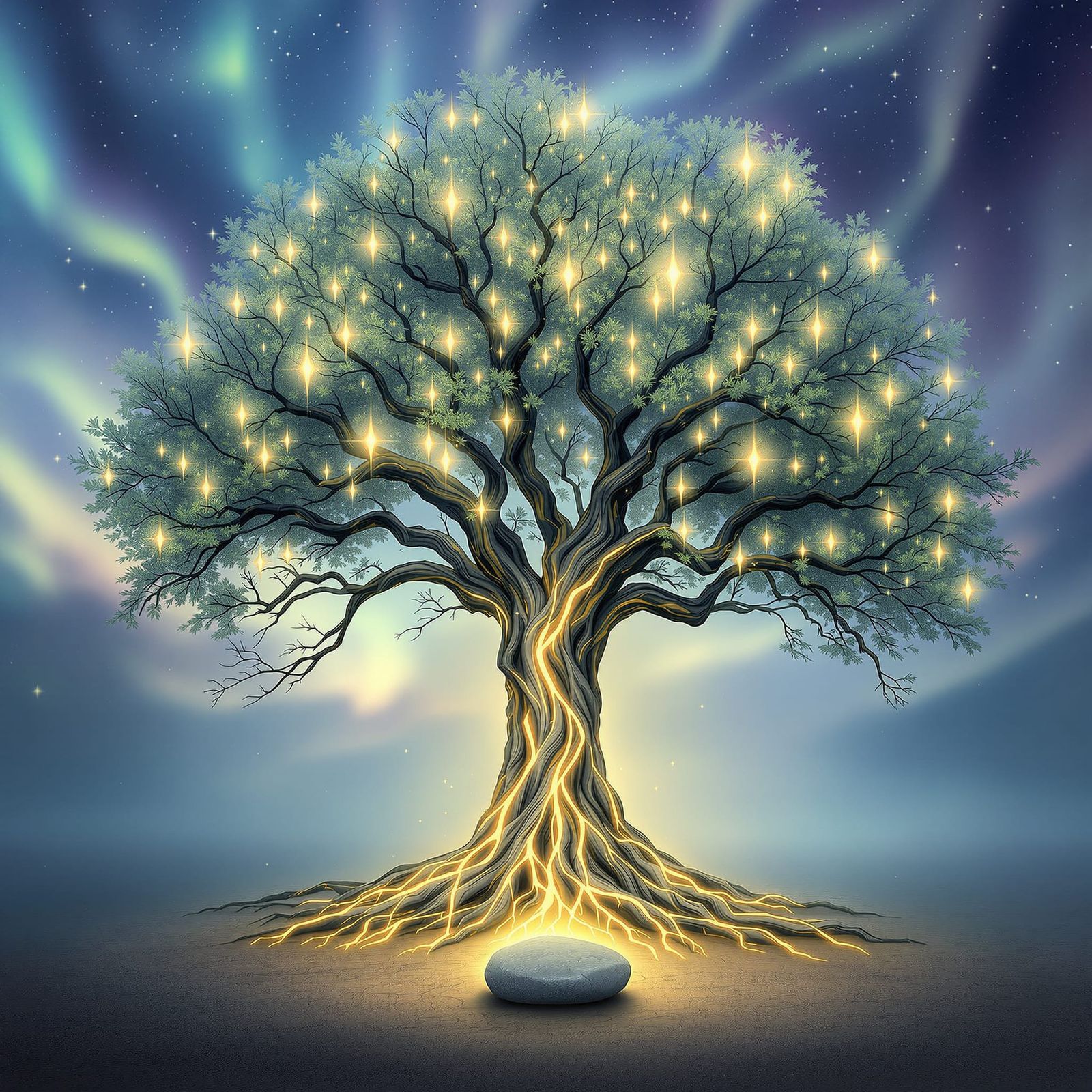Ancient Tree with Glowing Roots Under Aurora Sky