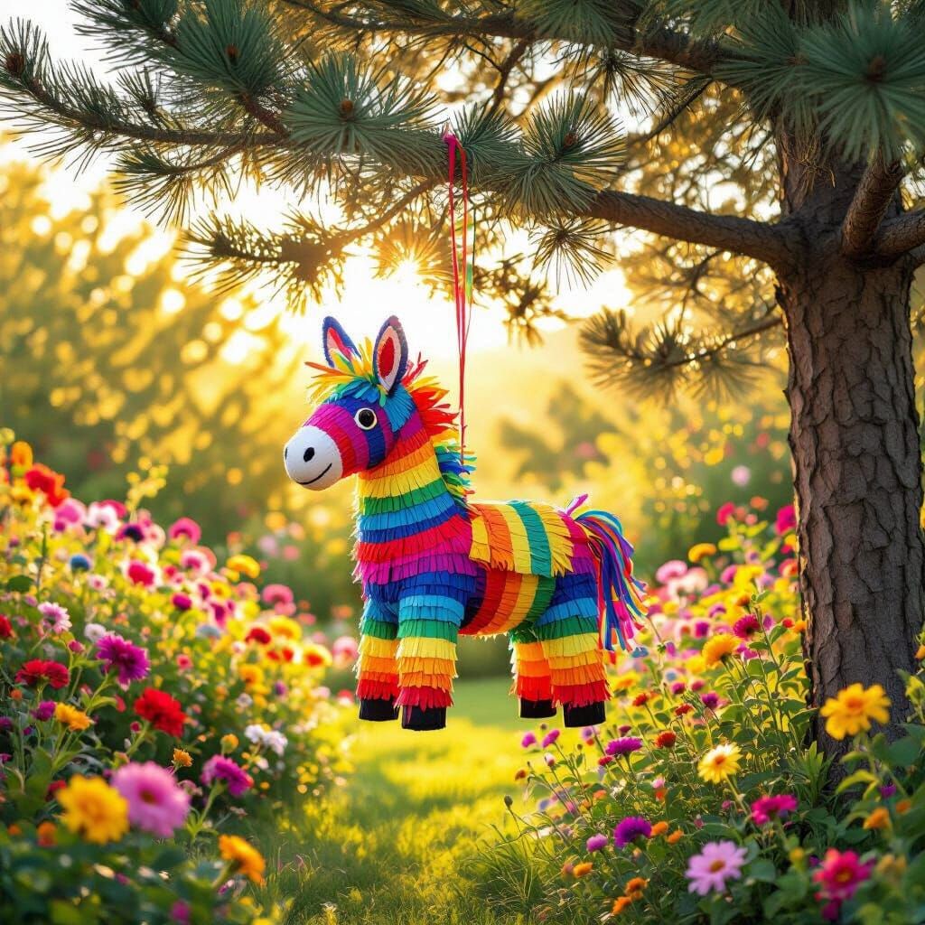 Rainbow Piñata on Pine Tree in Sunny Garden
