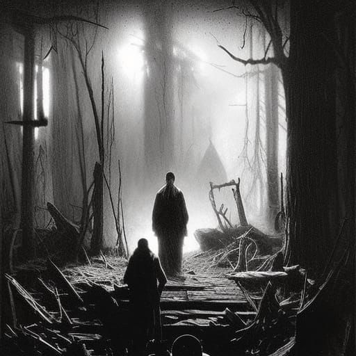 Eerie Cabin in Woods with Shadow Figure