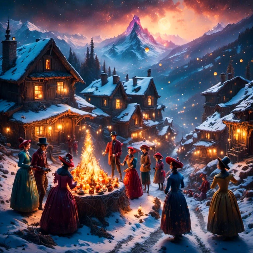 Festive Christmas in Mountain Village as Impressionist Paint...