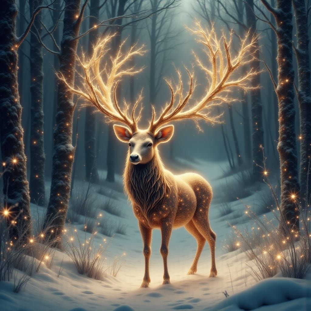 Magnificent Stag with Antlers in Winter Woodland