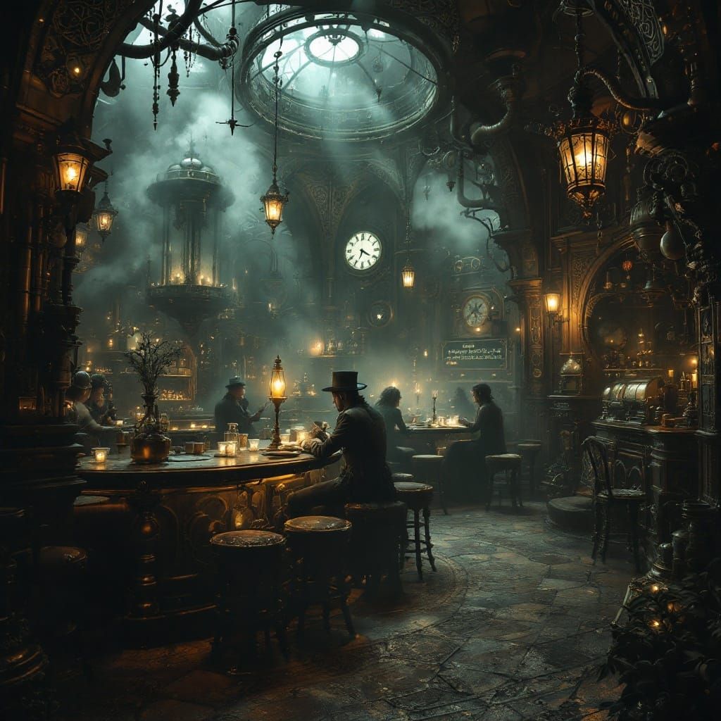 Steampunk Night Cafe in Dreamlike Haze